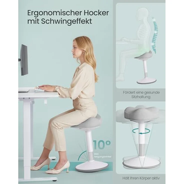 SONGMICS Hocker, mit Schwingeffekt, höhenverstellbar 48-65,5 cm, Anti-Rutsch-Sockel, drehbar, Stahl/Stoff Taubengrau, 65,5 x 34 x 34 cm – Bild 5