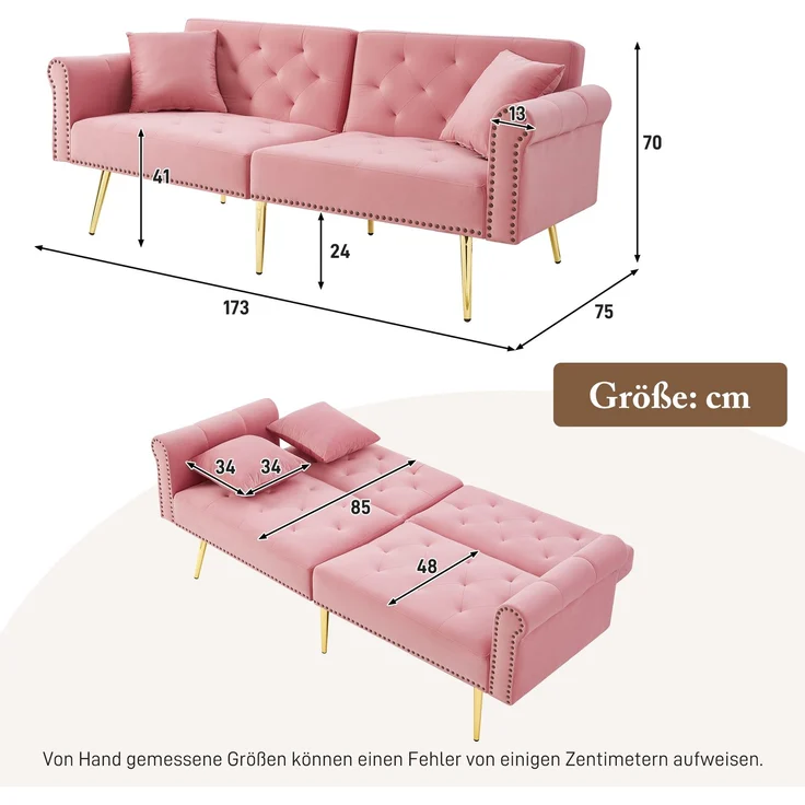 Schlafsofa in Rosa mit verstellbarer,vergoldete Metallfüße, 3 Stufen Rückenlehne, 2 flauschige Sofakissen, versteckter Stauraum – Bild 10