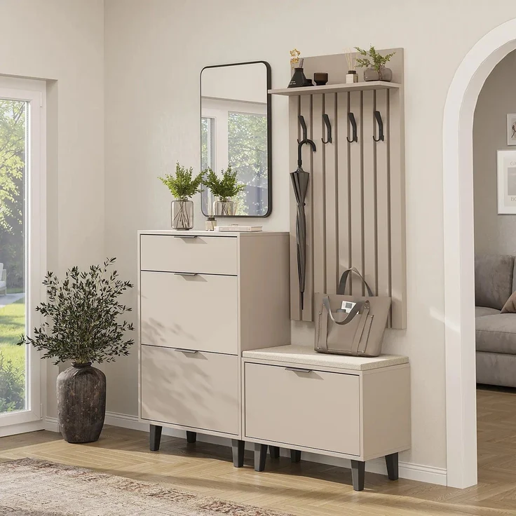 Roomart NORD Garderobenset 4-teilig – Schuhschrank, Sitzbank mit Schuhklappe, Garderobenpaneel 130 cm & Spiegel – Flurgarderobe – H 112 x B 73.6 x T 35 cm (Schuhschrank) • Beige – Bild 1