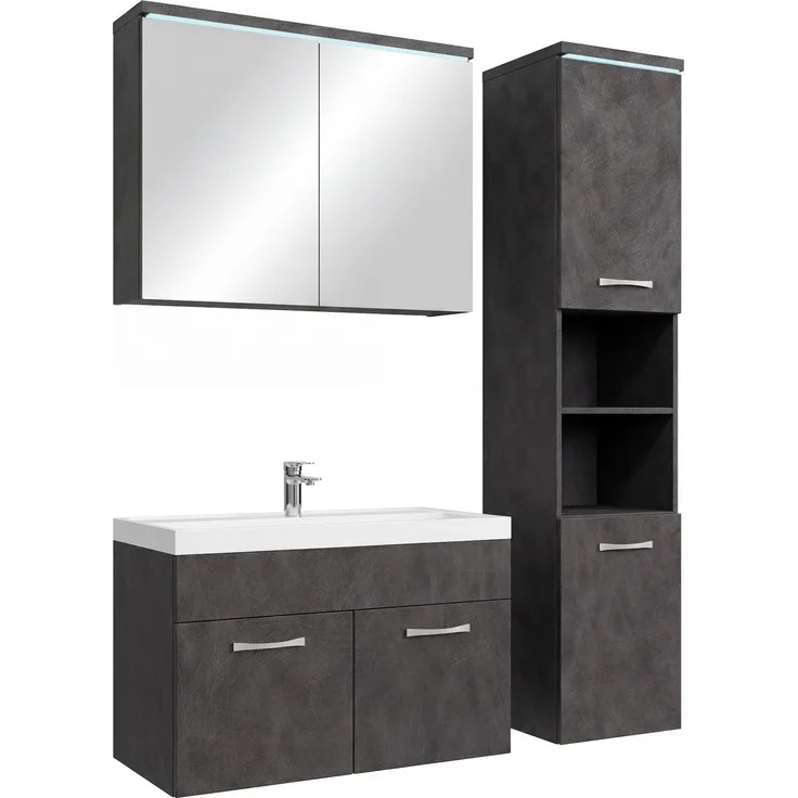 Badplaats Badezimmermöbel Set Paso 80 x 40 cm – Dunkelgrau – Waschtischunterschrank mit Spiegelschrank und Seitenschrank