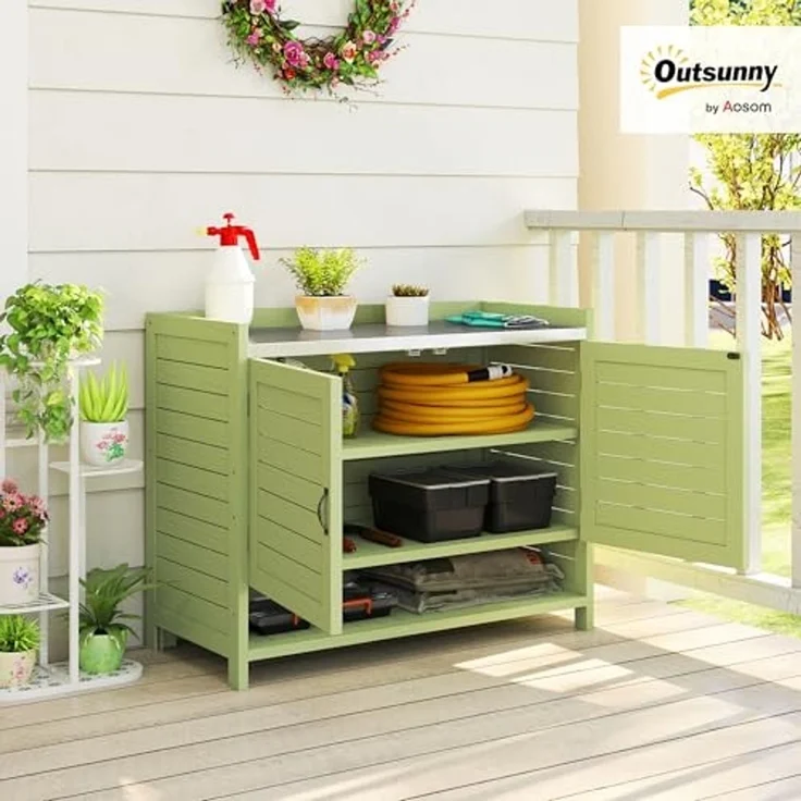 Outsunny Pflanztisch mit verzinkter Arbeitsplatte 3 Regalböden Doppeltüren (wetterfest Gärtnertisch, 1-St, Outdoor Gartenschrank), aus Holz für Garten Balkon Terrasse 88 x 40 x 70,5 cm, Grün – Bild 2