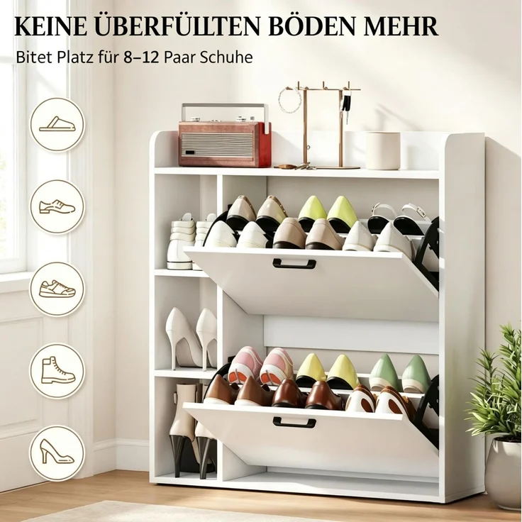 DESVIAE Garderobenschrank Weiß aus Spanplatte – 83x90,5x24 cm – 2 Kippfächer, 3 Seitenfächer – Bild 6