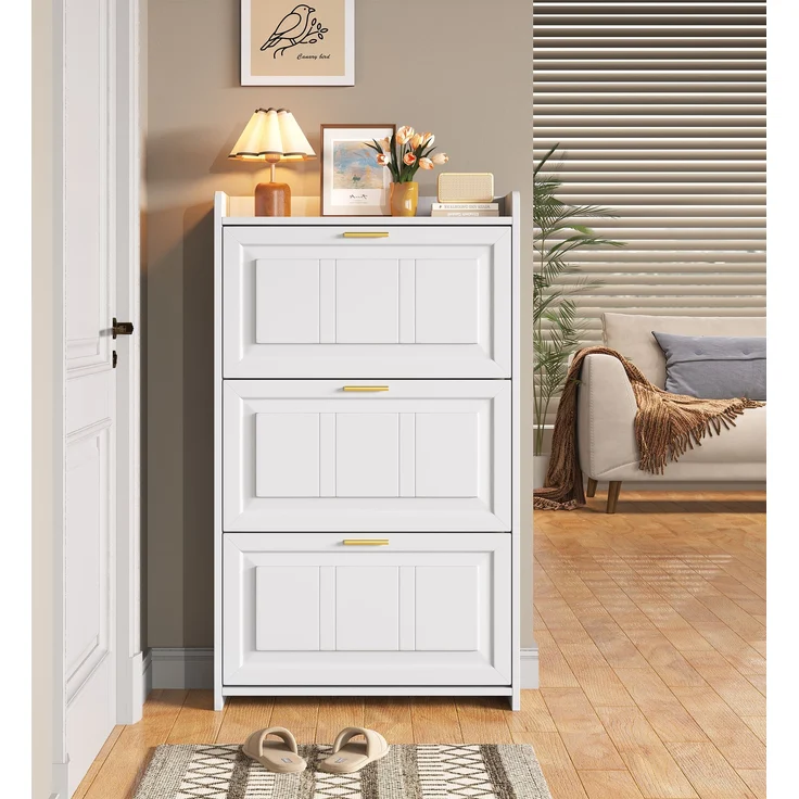 Schuhschrank 70x24x120 cm weiß 2 Klapptüren 6 Fächer Ablagefläche – Bild 2
