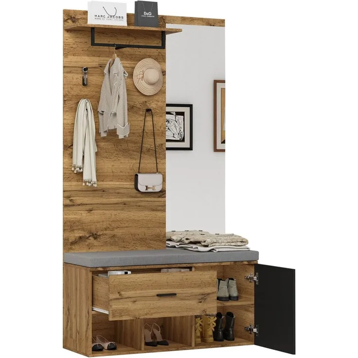 SeedWave Garderobe Garderobenschrank mit Schuhschrank, 7-in-1-Design mit Spiegel, Bank, Flache Regalen, Moderner Holzoptik, 190cm Höhe