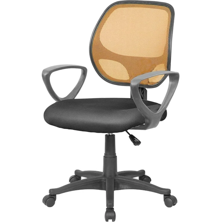 Dmora - Stuhl mit Rädern Geraldton, Mesh-Arbeitsstuhl mit Armlehnen, ergonomischer Bürositz, 56x57h88/100 cm, Schwarz und Orange – Bild 1