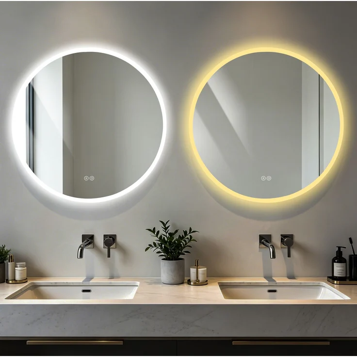 Badspiegel aus Sicherheitsglas, LED dimmbar & Antibeschlag, Ø 70 cm, Silber – Bild 3