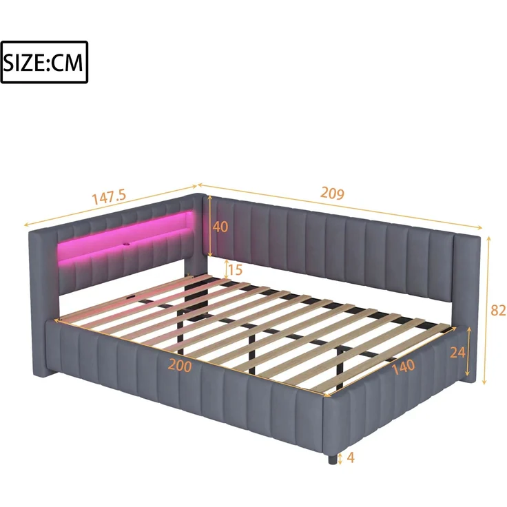 Polsterbett Schlafsofa 140x200 cm mit LED-Licht und USB-Anschluss, ohne Matratze – Bild 10