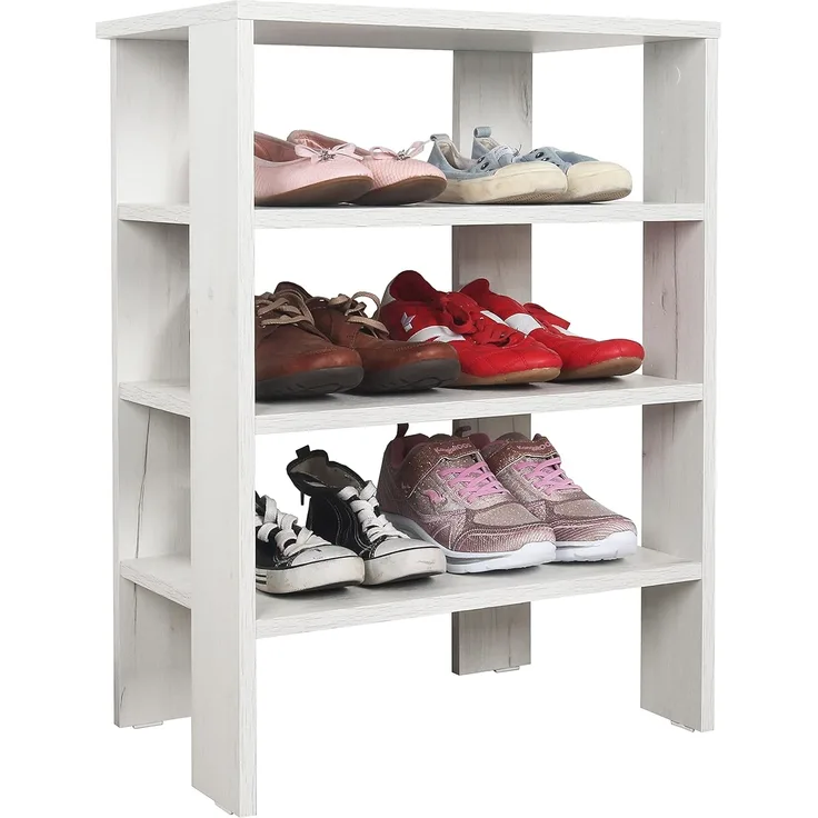 RICOO Schuhregal schmal und hoch 70 x 55 x 32 cm Standregal Pressholz Eiche Weiß WM039-EP, Schuhständer mit 3 Ebenen, Schuhschrank offen, Schuhablagen Flur Shoe Rack, Schuhablage klein, Schuhregale