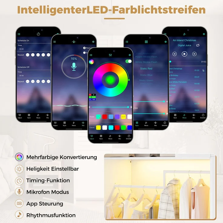 Drehtürenschrank 90 x 50 x 200 cm aus Spanplatte in Weiß mit LED-Kleiderstange – Bild 8