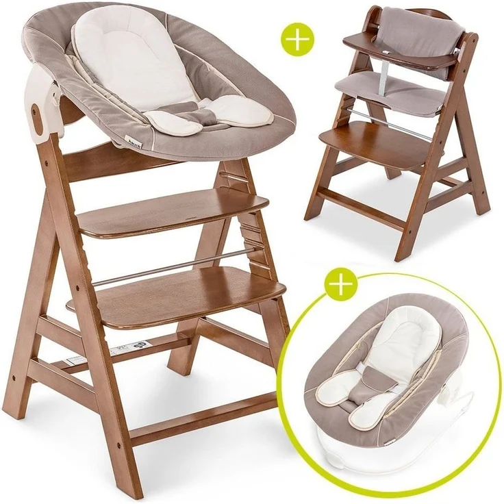 Hauck Hochstuhl Alpha Plus Walnut Newborn Set (Set, 4 St), Holz Babystuhl ab Geburt inkl. Aufsatz für Neugeborene & Sitzauflage – Bild 1