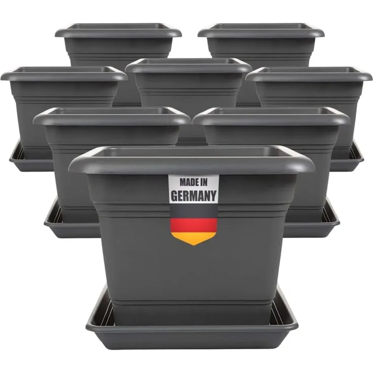 2friends Pflanzkübel 8er Set Anthrazit Pflanzkübel Eckig mit Untersetzer, ‎28 x 28 x 22 cm Blumentopf für Tomaten und Blumen für Balkon & Garten