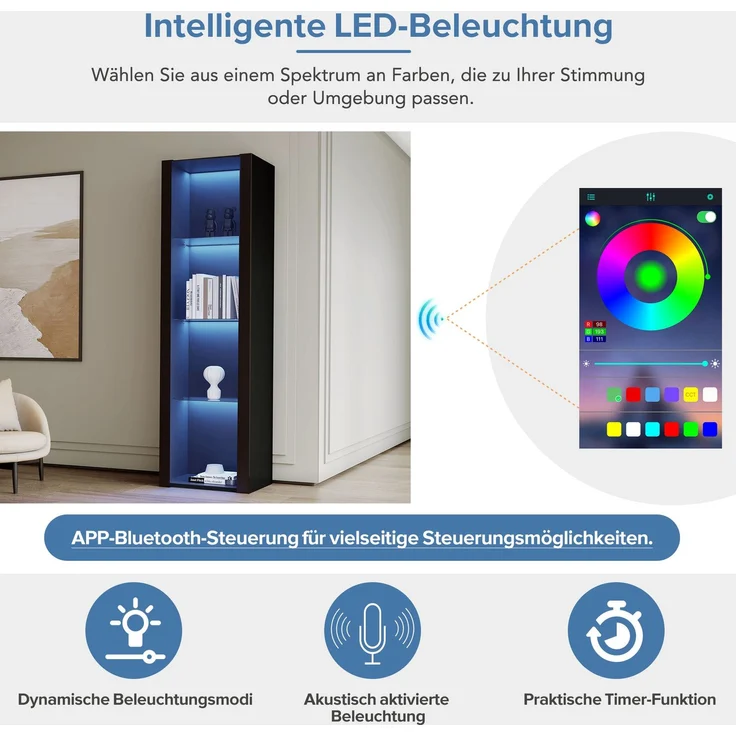 Merax Schwarzer Hochglanz-Vitrinenschrank mit LED-Beleuchtung, 3 Glasfächer, 55*38*166cm, Vitrine, Stehschrank, Hochschrank, Lagerschrank – Bild 7