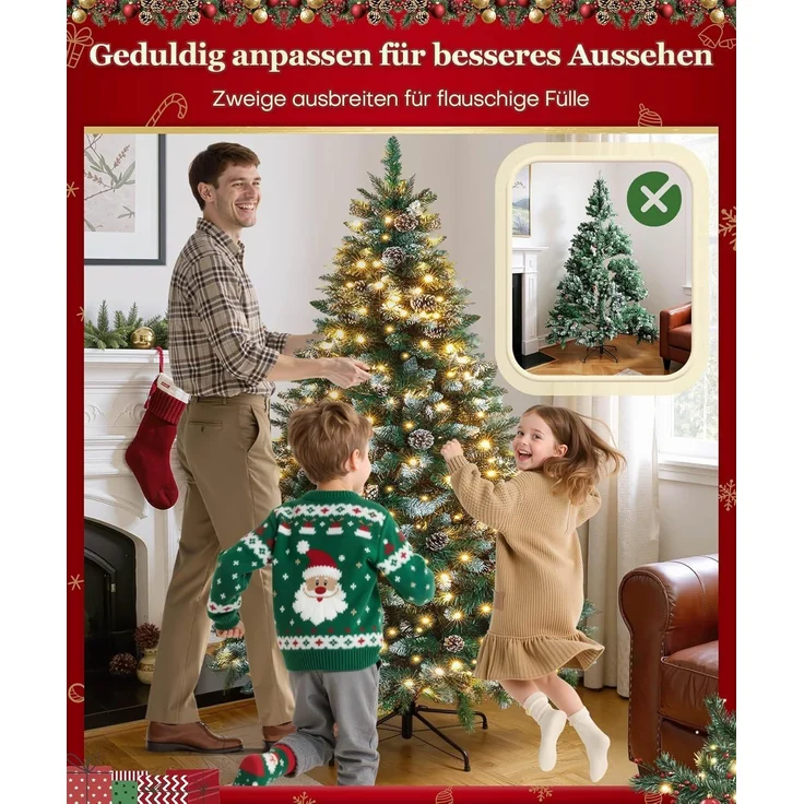 Yorbay Künstlicher Weihnachtsbaum Künstlicher Tannenbaum mit LED Beleuchtung, Schnee, Kiefernzapfen, 150 / 180 / 210 cm auswählbar, mit Ständer, Weihnachtsbaum Christbaum für Weihnachten-Dekoration – Bild 6