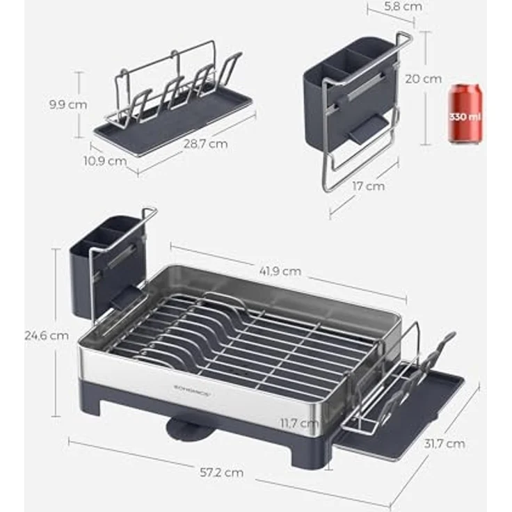 SONGMICS Abtropfgestell, Geschirr-Abtropfständer Edelstahl, drehbarer Auslauf, Abtropfschale, Tassenhalter, fingerabdruckresistent, für Küche, 31,7 x 57,2 cm, silbern-grau KCS030E01V1 – Bild 4