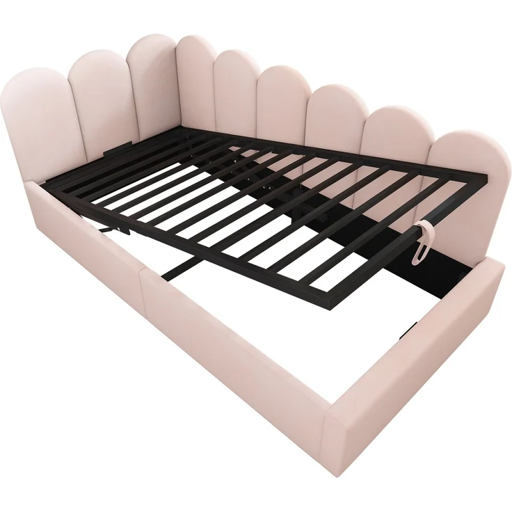 Merax Daybett Polsterbett 90x200 cm,Tagesbett Schlafsofa mit hydraulischem Stauraum, Kinderbett mit Metall-Lattenrost, Samt, Rosa, ohne Matratze – Bild 9