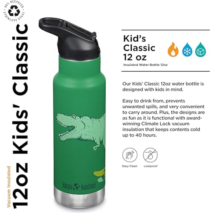 Klean Kanteen Trinkflasche Klean Edelstahl Isolierflasche Kid 355ml Flip Cap Dino Scate green – Bild 2