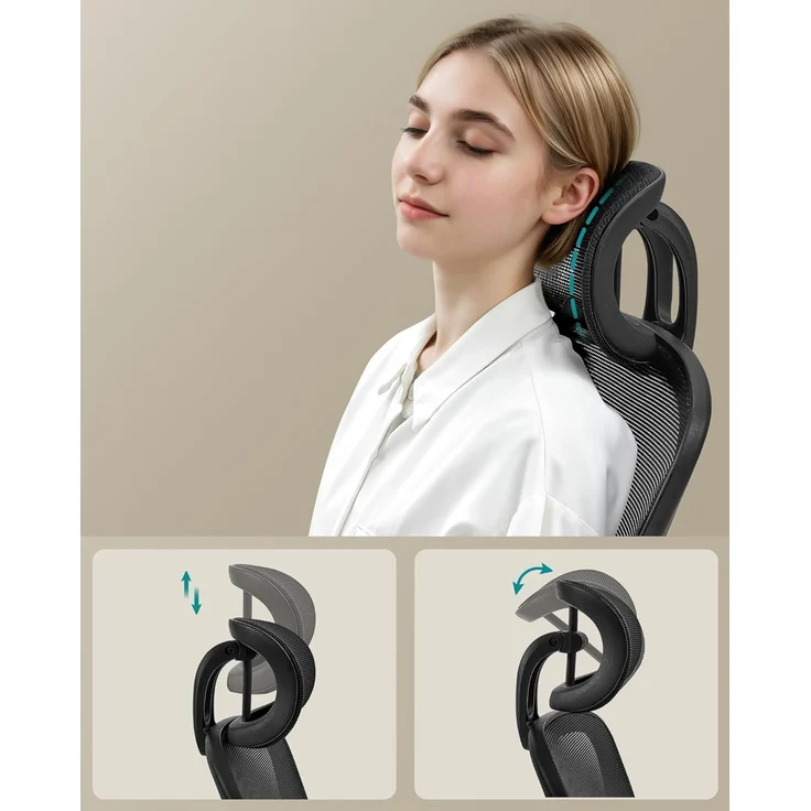 SONGMICS Bürostuhl ergonomisch, Schreibtischstuhl, Drehstuhl mit Mesh, gepolsterte Lendenstütze, Wippfunktion, 53 cm große Sitzfläche, klappbare Armlehnen, Kopfstütze, tintenschwarz OBN047B01 – Bild 5