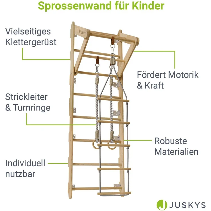 Juskys Sprossenwand für Kinder - mit Klimmzugstange, Indoor Klettergerüst mit Turnringen und Strickleiter, Kletterwand fürs Kinderzimmer, Turnstange – Bild 2