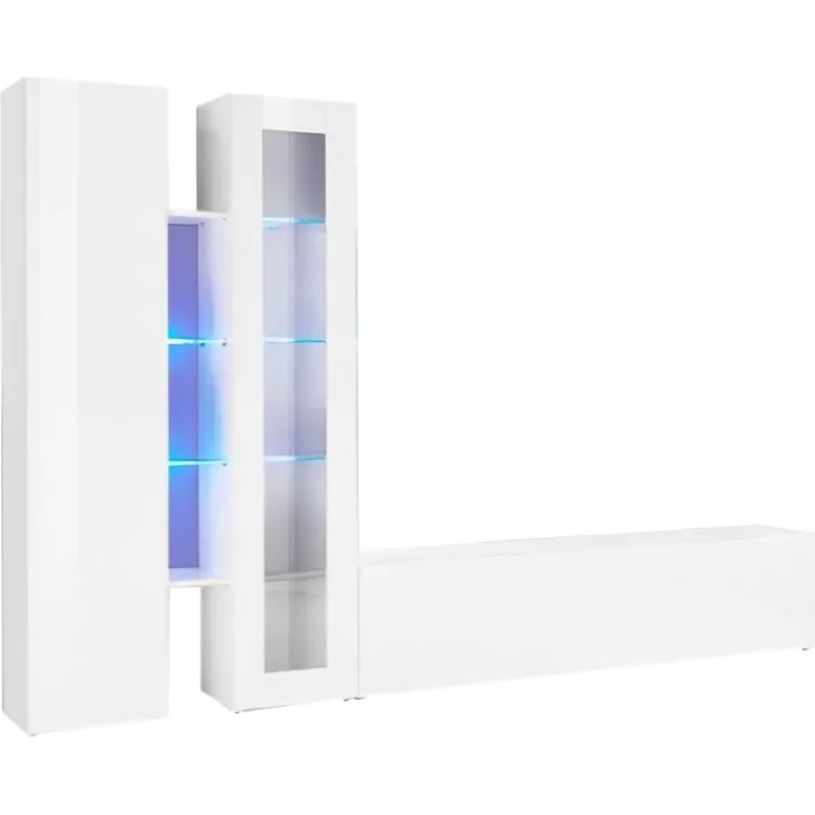 Dmora Ausgestattete Wand Arin, 3-türiges TV-Ständer-Wohnzimmerset, Mehrzweck-Wohnzimmermöbel mit Vitrine und LED-Licht, 100 % Made in Italy, 280 x 30 x 180 cm, glänzendes Weiß,