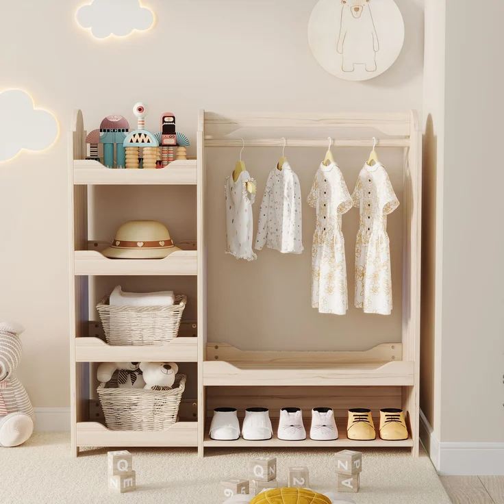 Kindergarderobe mit Sitzbank, Kleiderstange & vier offenen Regalen, aus Kiefer + E1-MDF, Natur, Kinderzimmer Aufbewahrungsschrank, Maße H110 × T39 × B110 cm – Bild 2
