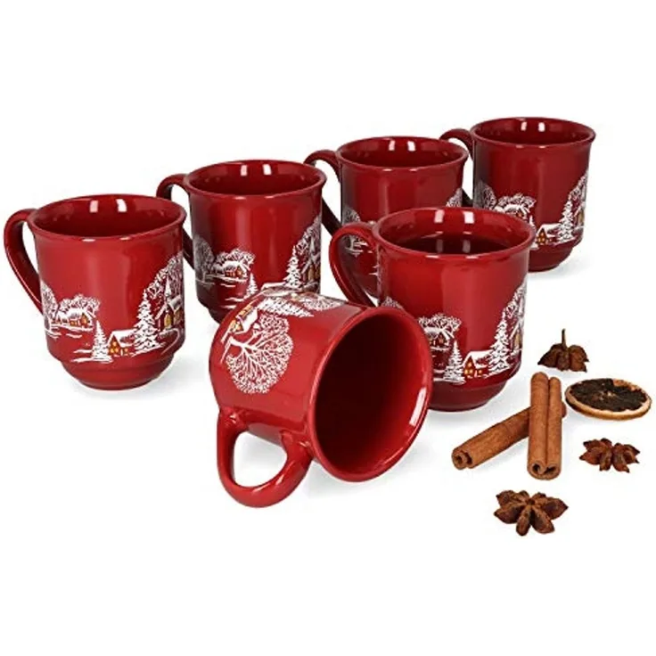 MamboCat Tasse 6er Set Glühweinbecher in dunkelrot Weihnachtslandschaft 0,2L geeicht, Porzellan, Weihnachtsgeschirr, Weihnachten, Weihnachtsmarkt, Punsch