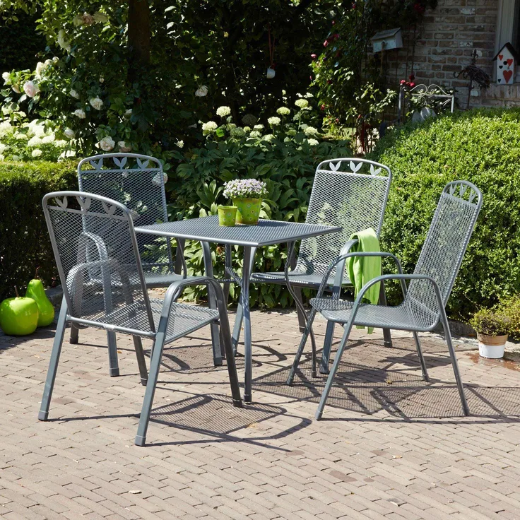 Greemotion Gartenmöbelset Set Toulouse eckig 4x Stuhl, 1x Tisch Grau Metall