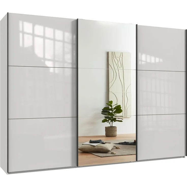 Schwebetürenschrank Kleiderschrank 300 cm Vollausstattung Spiegel Glasfront Weiß – Bild 1