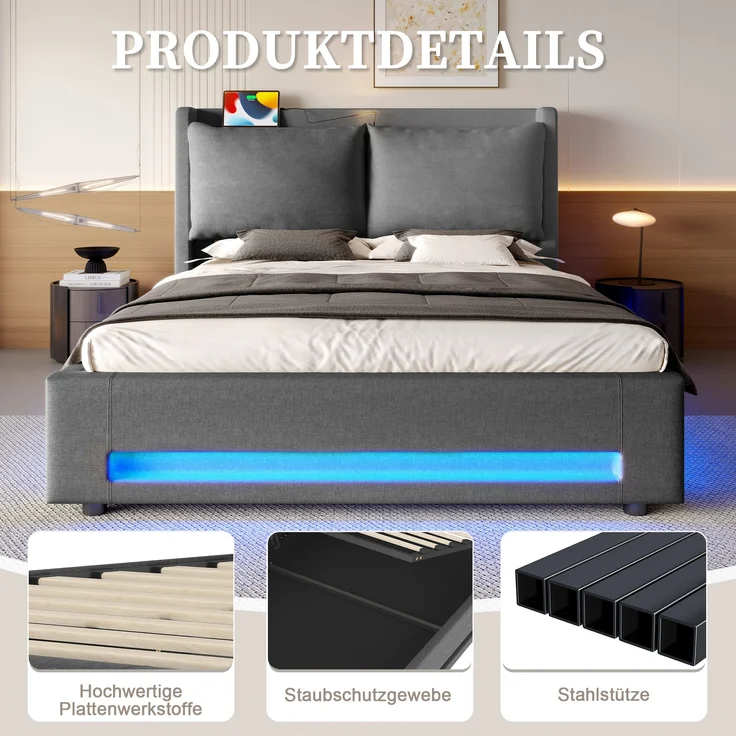 LVHOM Polsterbett 160x200cm mit LED&USB, Doppelbett mit Stauraum, Stauraumbett mit abnehmbaren Kissen, Bettgestell Massiv, Samtstoff, Grau – Bild 7