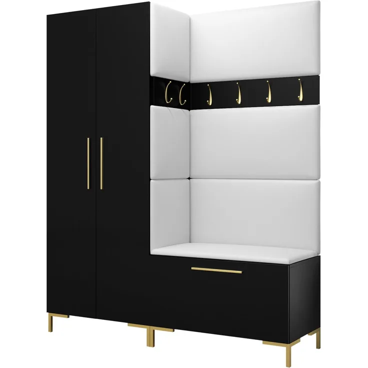 Garderoben-Set Zinetto I mit 4 Stück Gepolstertes Wandpaneel Pag 84x42 und 3 Stück 42x42 (Schwarz + Gold, Soft 017)