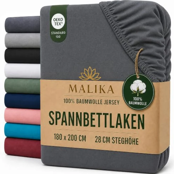 MALIKA® Spannbettlaken 120x200cm Baumwolle Jersey, Oeko-Tex zertifiziert, für Matratzenhöhe bis 28 cm, faltenfreies Liegen – Bild 1