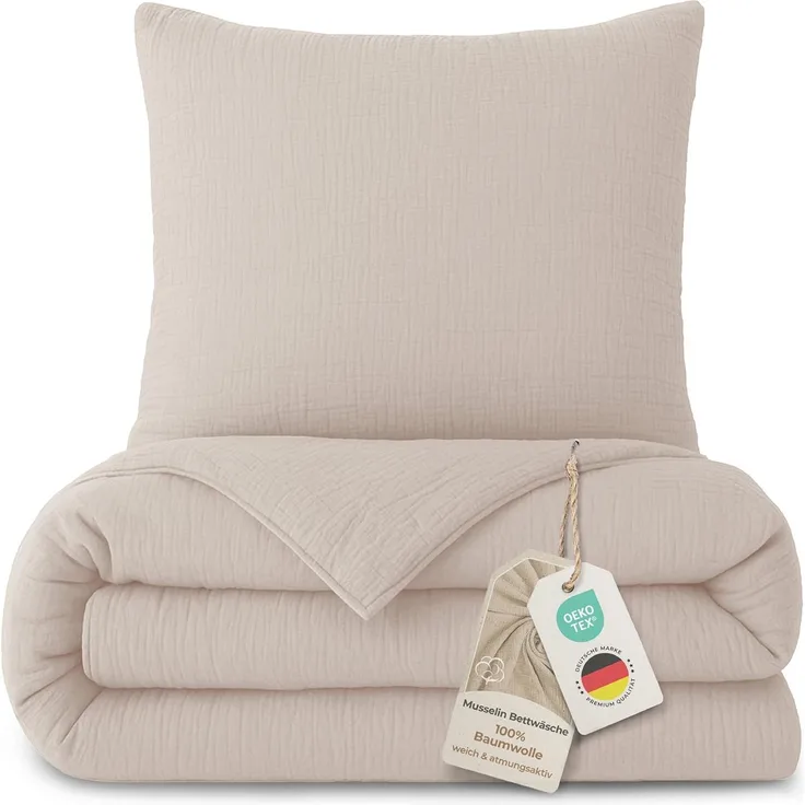 Laynenburg Bettwäsche Musselin aus 100% Baumwolle in 135x200 oder 155x220 cm, atmungsaktiv & bügelfrei – 3 lagig mit Reißverschluss & Haltebändern