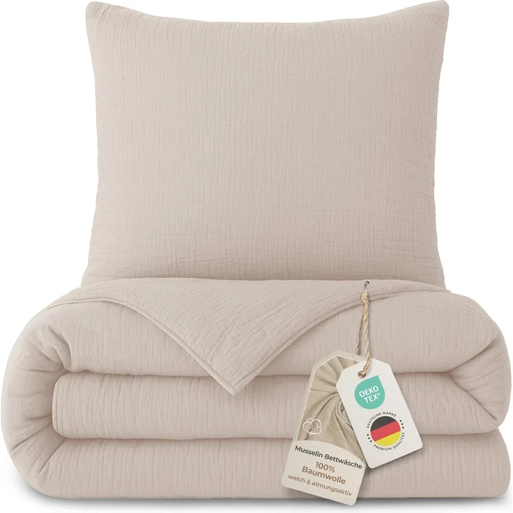 Laynenburg Bettwäsche Musselin aus 100% Baumwolle in 135x200 oder 155x220 cm, atmungsaktiv & bügelfrei – 3 lagig mit Reißverschluss & Haltebändern – Bild 1