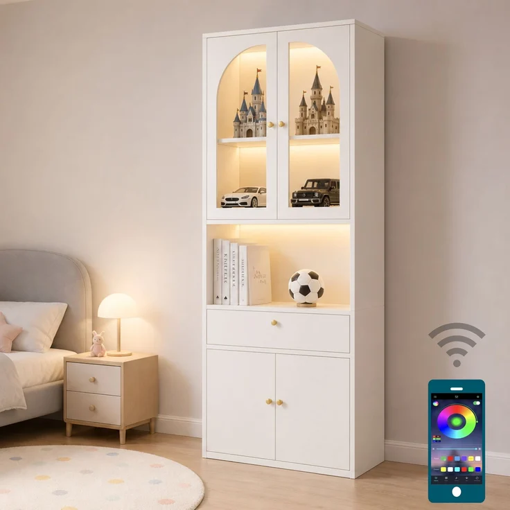 Glasvitrine, Bücherschrank, Büroschrank, Figurenschrank, Hochschrank, Stauraumschrank,Küchenschrank, mit RGB mehrfarbig dimmbaren LED-Leisten, per Smartphone-App steuerbar, weiß, 70 × 35 × 180 cm--Weiß--70x35x180cm--YOUDENOVA – Bild 6