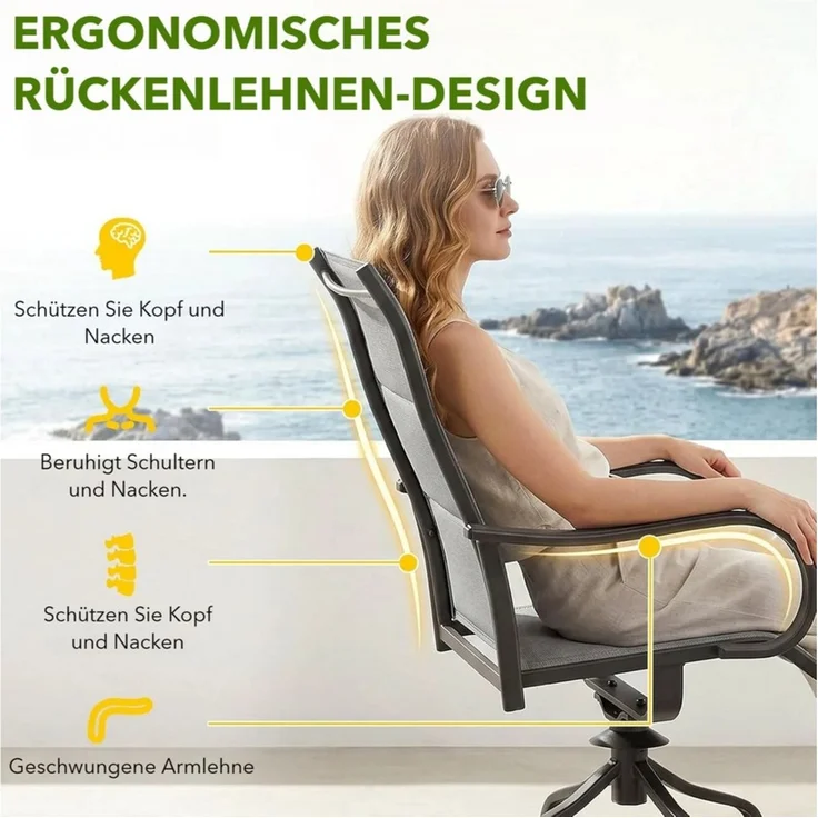 TLGREEN Gartenstuhl hochlehner 2er Set,360° drehbar, Drehstühle Wetterfeste, (Gesteppte Rückenlehne & Sitzfläche, bis 150 kg belastbar, 2 St), Für Terrasse Garten Balkon – Bild 3