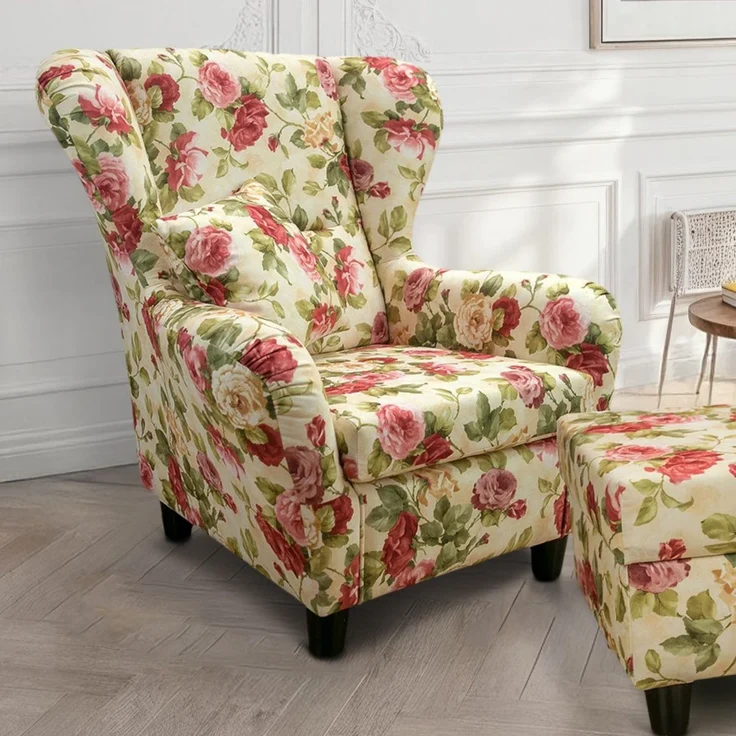 Ohrensessel mit Hocker Landhaus Polster-, TV-, Lesesessel Blumenmuster-Samtstoff – Bild 3