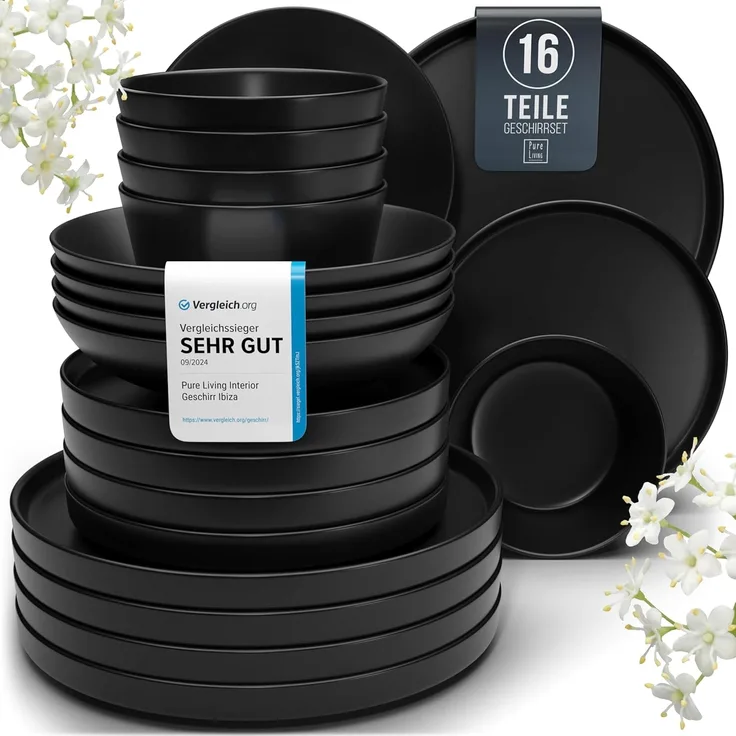 Steingut Geschirrset 4 Pers. Manhattan 16-tlg Hochwertiges Urban Style TEST SEHR GUT Steingut Geschirr Set - Schüssel- und Teller Set - Tafelservice 4 Personen Geschirrsets Pure Living in matt schwarz