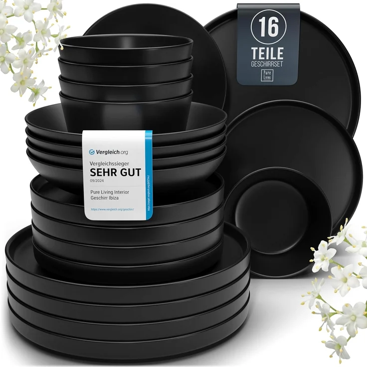 Steingut Geschirrset 4 Pers. Manhattan 16-tlg Hochwertiges Urban Style TEST SEHR GUT Steingut Geschirr Set - Schüssel- und Teller Set - Tafelservice 4 Personen Geschirrsets Pure Living in matt schwarz
