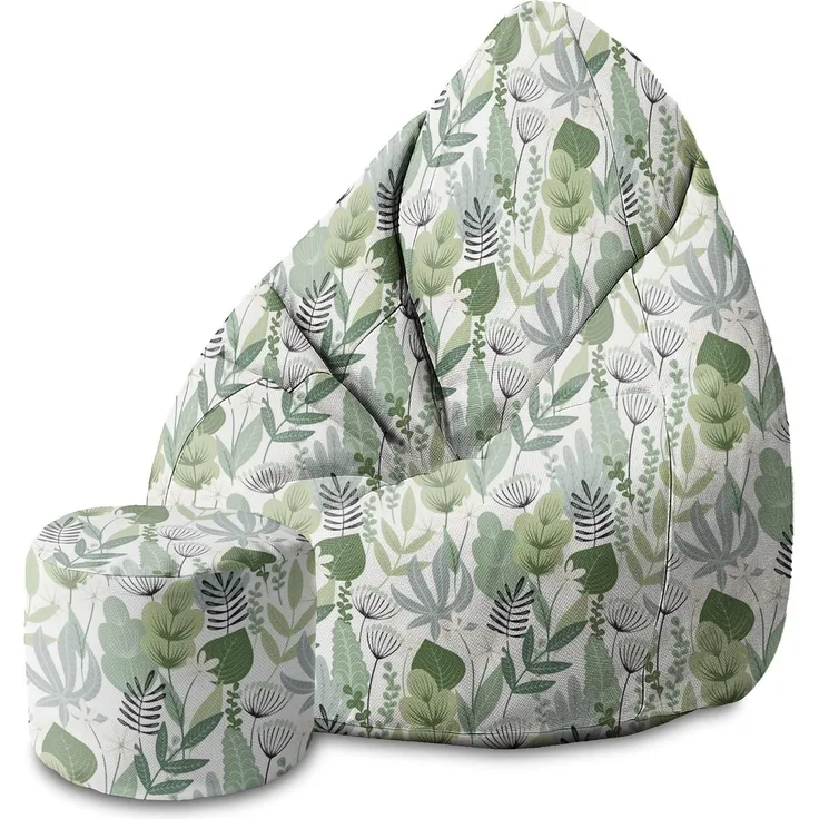 DreamRoots Bean Bag 80 x 80 x 120 cm - Sitzsack mit Lehne und Hocker und Bezug - mit Füllung, Flowers And Grass