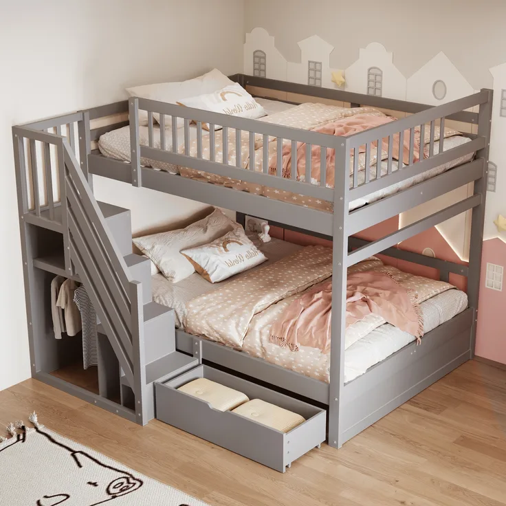 Massivholz-Etagenbett, Mit Hohem Sicherheitsgitter, Mit Lattenrost, Sicherheitsleiter mit Stauraum, Mit Stauschubladen, Kinderbett Junior Doppelbett, Grau, 140 x 200cm