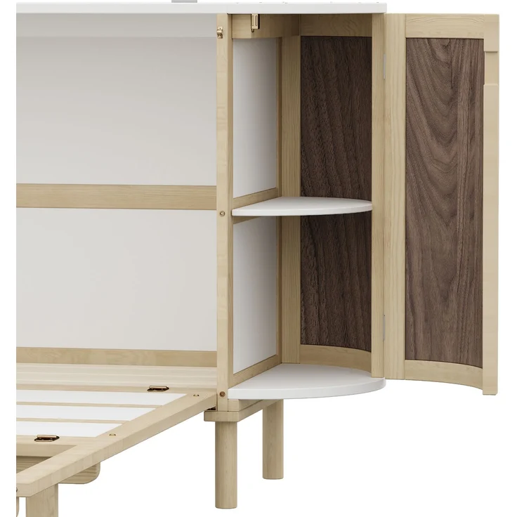 Wandschrankbett 140x200 cm, klappbar, mit Staufächern und Rattan-Front in Naturholz/Weiß – Bild 9