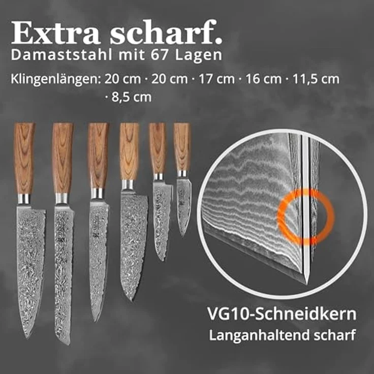 Wakoli Messer-Set Edib Pro 6er Damastmesser-Set I Holzbox 8-20cm Klingen & Messerblock (7-tlg) – Bild 3