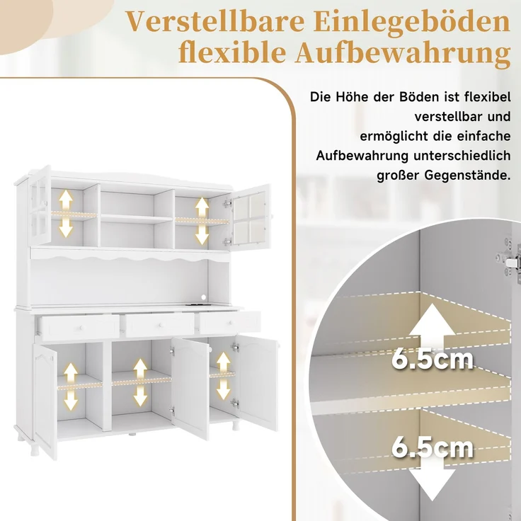 Buffetschränke, Esszimmer-Hochschrank 135*40*185 cm, mehrstufigem Stauraum, integrierter Steckdose sowie USB-C- und USB-A-Anschlüssen, Farbiger LED-Streifen, Weiß--Weiß--135x40x185cm--YOUDENOVA – Bild 7
