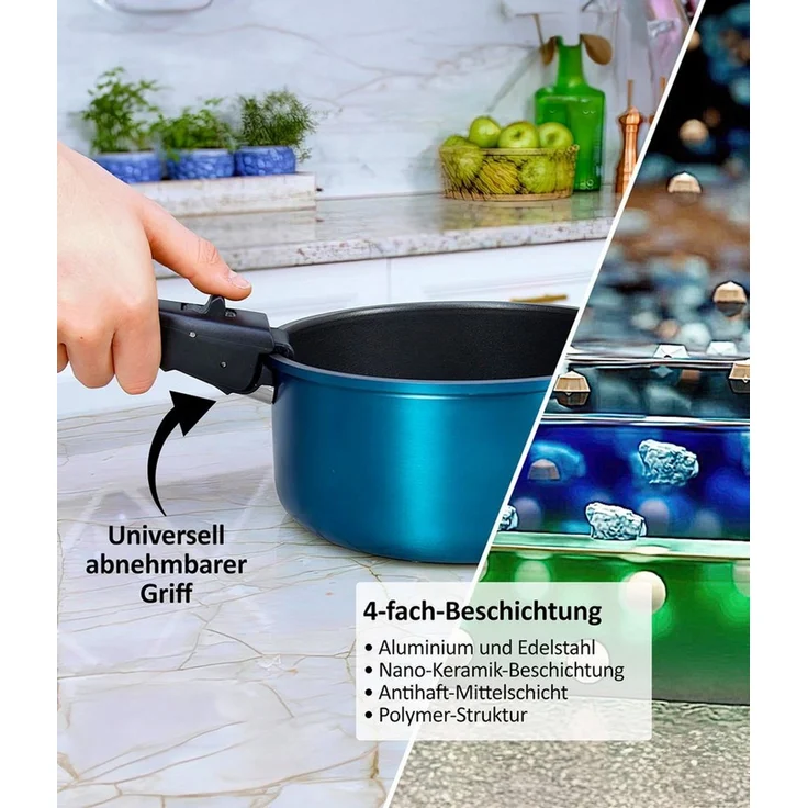 Genius Pfannen-Set Kelton 31 tlg, Kochgeschirr, inklusive Clia Genie Schwämmen, (Großes Koch-Set, 31 tlg), Platzsparendes Design mit abnehmbarem Griff & stapelbaren Elementen – Bild 3