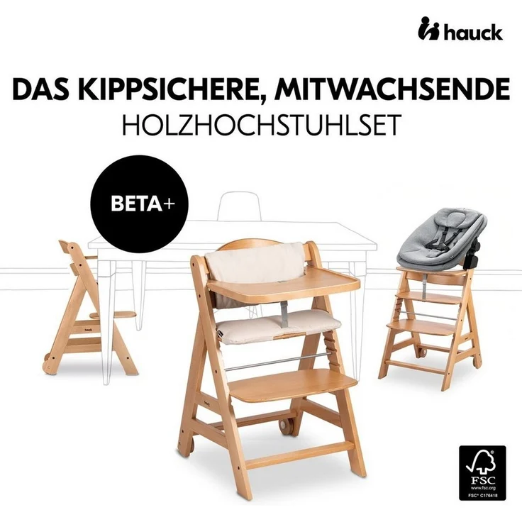 Hauck Hochstuhl Beta Plus Natural - Newborn Set 3in1 Bouncer (Set), Holz Babystuhl ab Geburt mit Neugeborenensufsatz, Sitzkissen, Essbrett – Bild 2