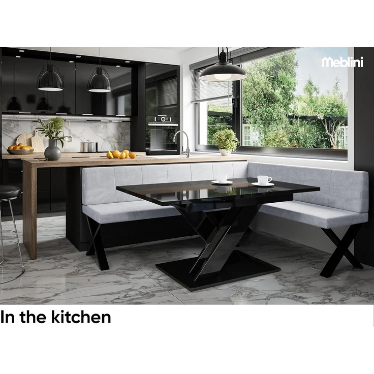 MEBLINI Eckbank für Esszimmer mit ausziehbarem Tisch - Küchenbank - Essecke - Sitzecke Küche - PETER - X-Beine 142x196x87cm Rechts - Hellgrau Samt/B Schwarz Hochgl. – Bild 2