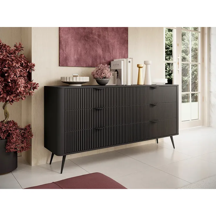 Vente-unique - ELONARIA Kommode Holz, Platte Schwarz - B 38 cm x H 81,2 cm x L 163,2 cm