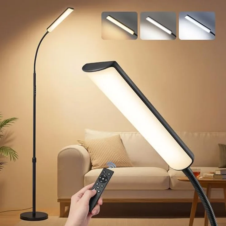 VASAGLE Stehlampe, Stehleuchte, Leselampe, 15 Watt, 141-175 cm höhenverstellbar, 360° drehbarer Schwanenhals, Timer- und Memory-Funktion, Fernbedienung, für Wohnzimmer, Mattschwarz LFL007BD02 – Bild 1