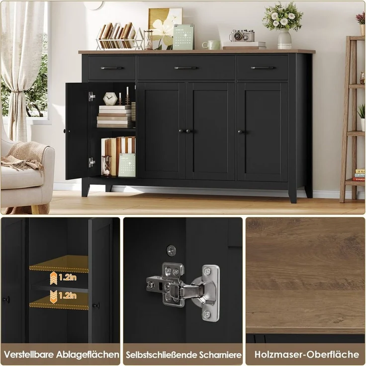 HOMECHO Sideboard 140 cm, Küchenschrank mit 3 Schubladen & 4 Türen, Höhenverstellbare – Bild 4