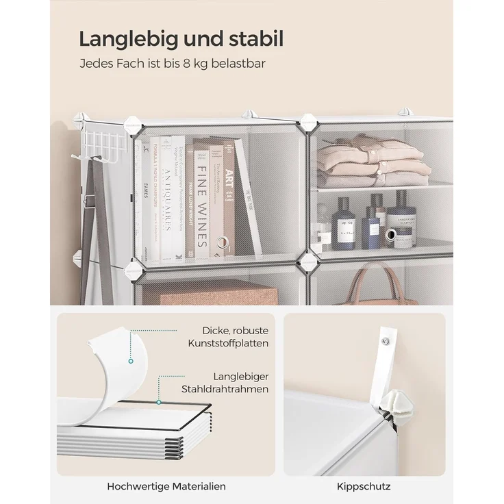 Songmics Schuhregal mit 4 Fächern, Schuhschrank, 30 x 40 x 30 cm pro Fach, schmal, mit Türen, Stahlrahmen, Kunststoff, für Flur, Schlafzimmer, Eingangsbereich, weiß LPC032W01 – Bild 4