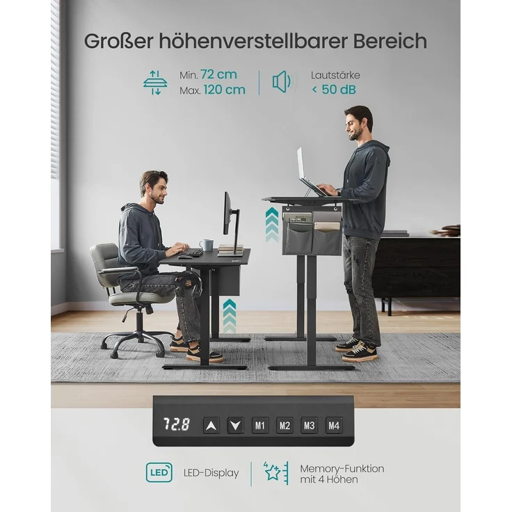 Songmics Höhenverstellbarer Schreibtisch elektrisch, 60x120 x (72-120) cm, Verstellbarer Tisch, Memory-Funktion für 4 Höhen, für Homeoffice, Arbeitszimmer, tintenschwarz LSD132B01 – Bild 4